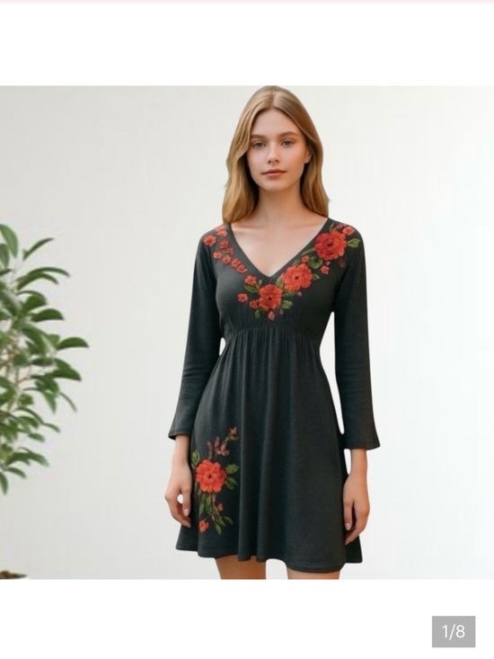 Johnny Was Dresses & Skirts - Johnny Was V-Neck Charcoal Grey Dress with Red and Pink Floral Embroidery